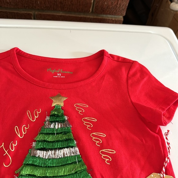 NWT Magical Season Red Fa La La Fringed Christmas Tree Short Sleeves Tee XS - Picture 13 of 16